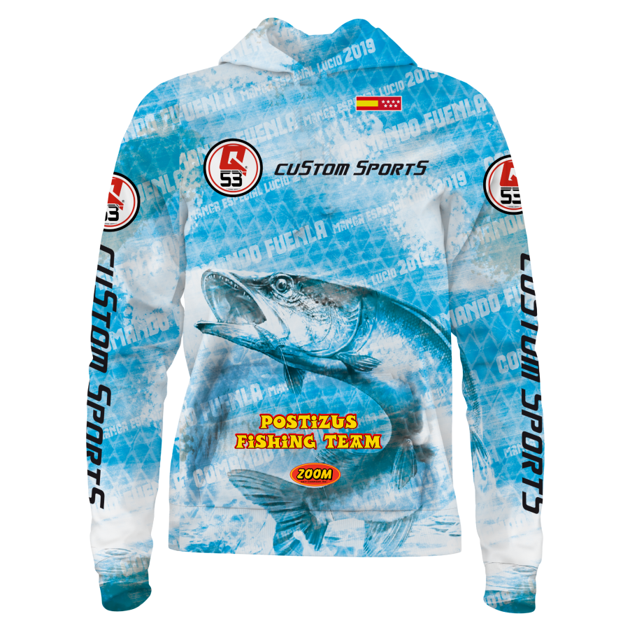 Sudadera Q53 con diseño de pez y fondo azul, para equipo de pesca.