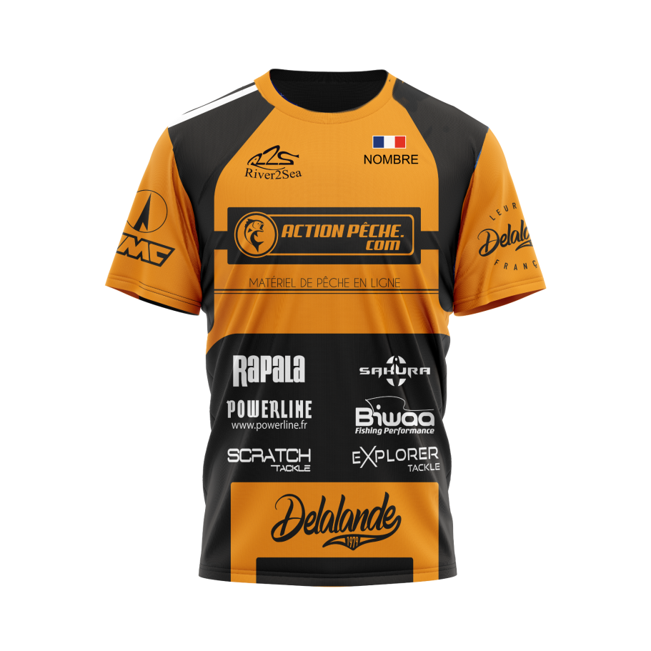 Camiseta Q53 de color naranja y negro con logotipos de patrocinadores y diseño deportivo.