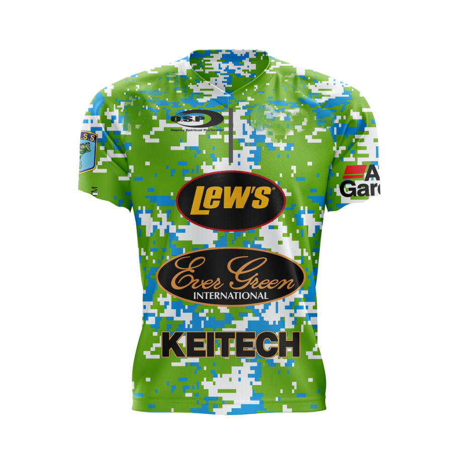 Camisa Q53 de ciclismo con diseño camuflaje en verde y azul, con varios logotipos.