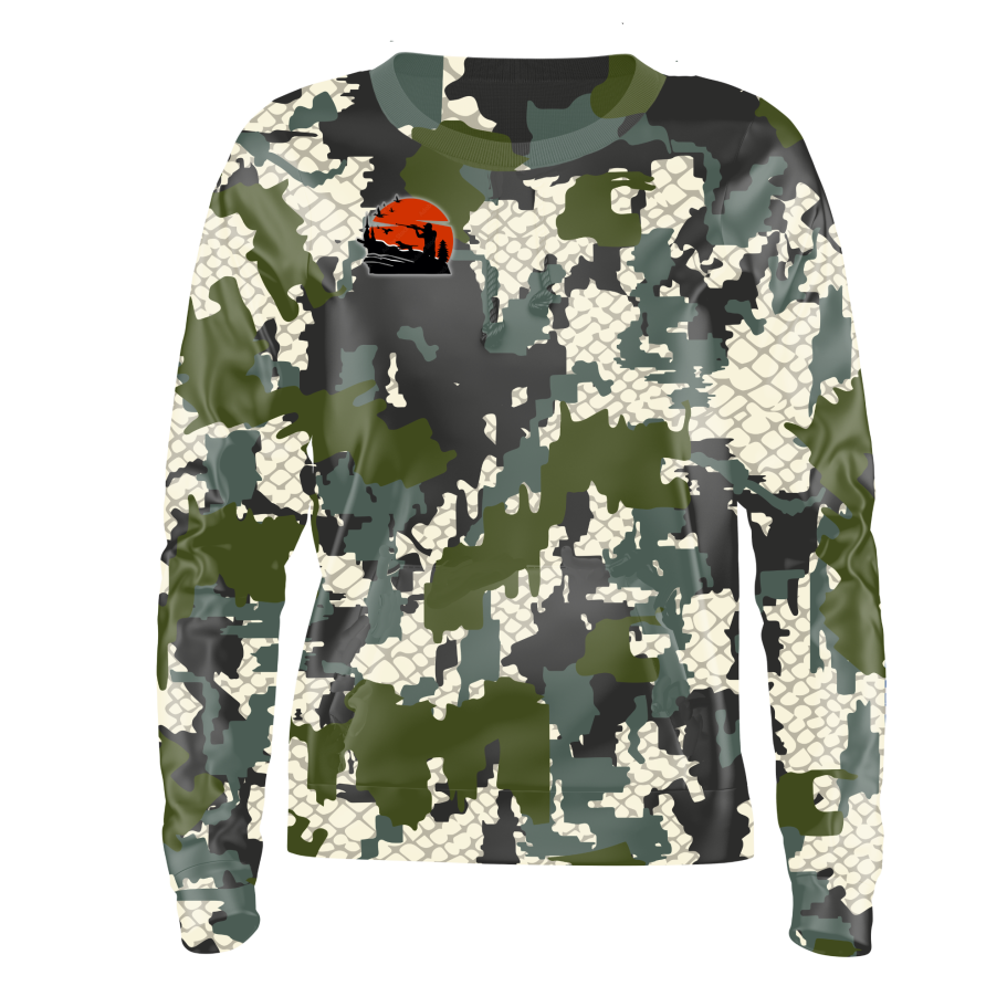 Sudadera Q53 de manga larga con un diseño camuflaje en tonos verdes y un logo de un tigre.