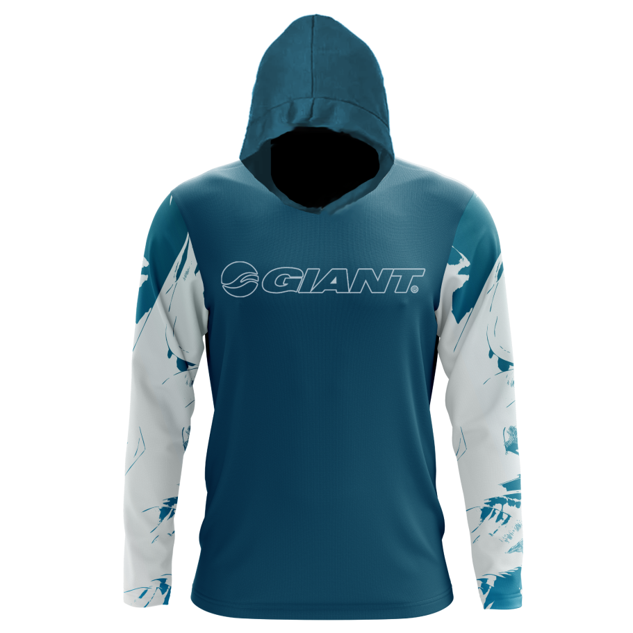 Camiseta gorro Q53 con capucha en tonos azules y diseño de la marca GIANT.