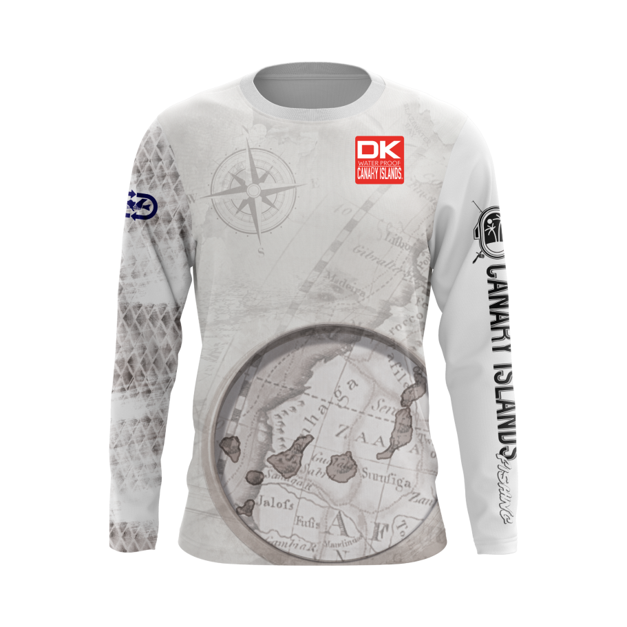 Camiseta Q53 de manga larga con un diseño de mapa antiguo pesca en mar