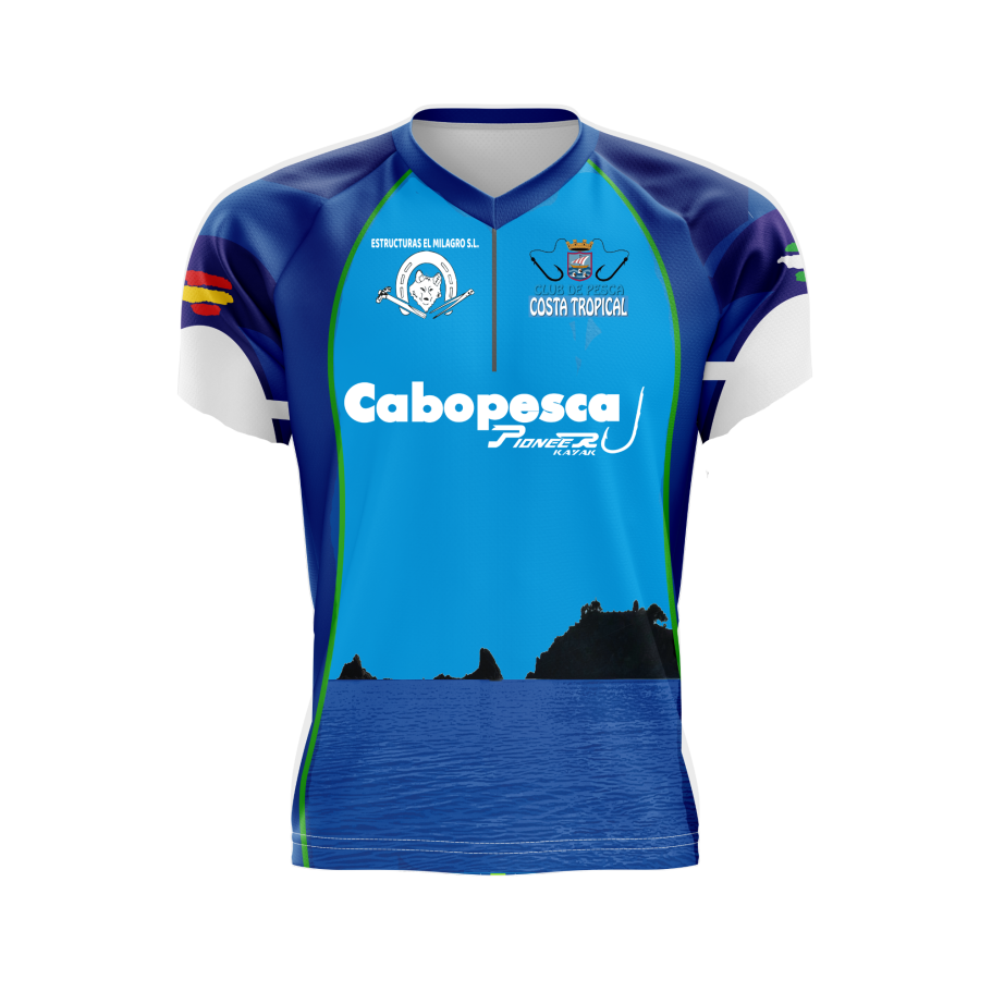 Camiseta Q53 de color azul con diseño costero y logos de patrocinadores.