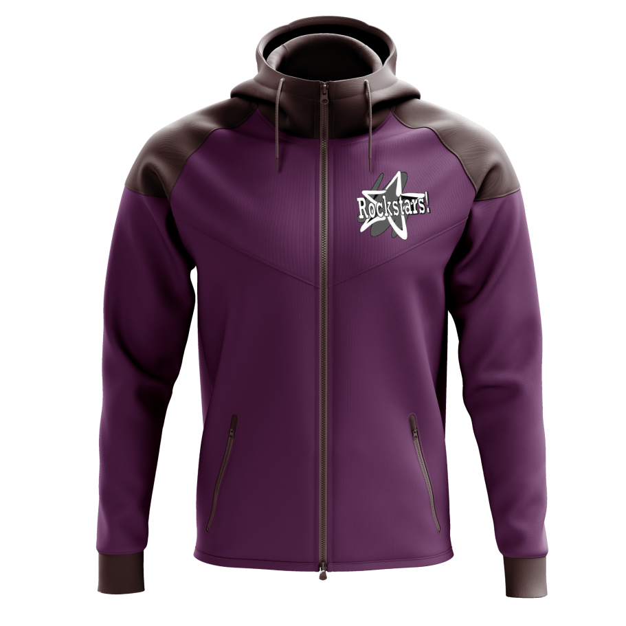 Sudadera Q53 morada con capucha y diseño en la parte superior, cierre frontal.