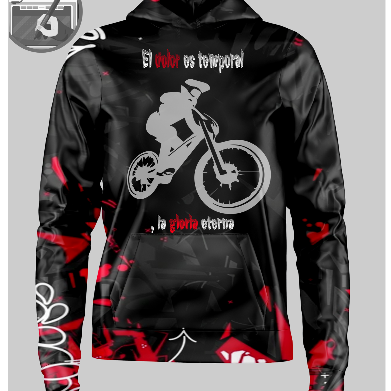 Sudadera negra con un diseño de bicicleta y texto en blanco sobre fondo rojo.