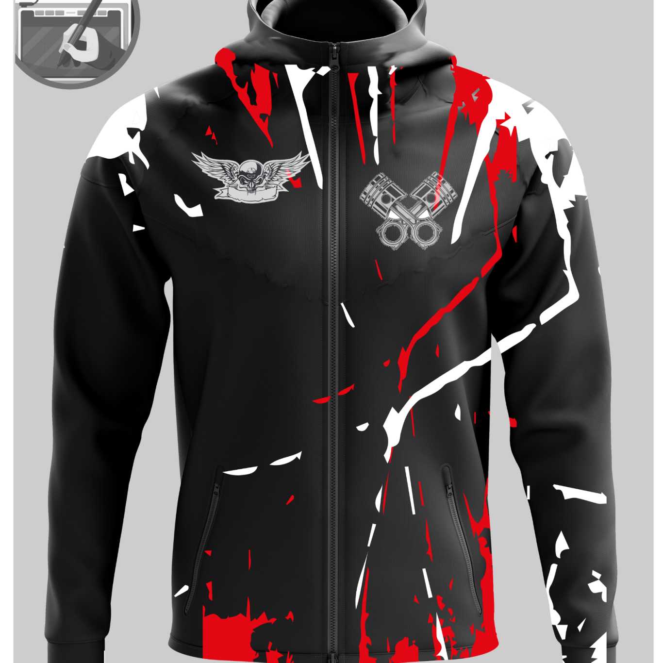 Sudadera negra con un diseño de bicicleta y texto en blanco sobre fondo rojo.